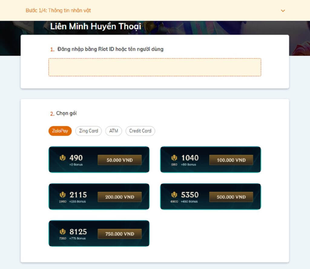 Hướng dẫn chi tiết cách nạp Liên Minh Huyền Thoại VNG 8 Hình thức thanh toán Zalo Pay